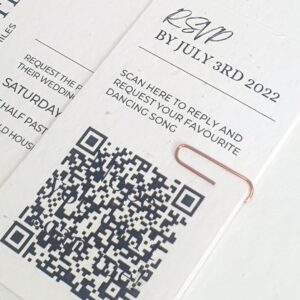 modern black and white wedding invitation reply card with a QR code