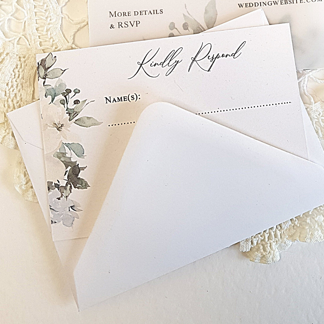 wedding reply card with an envelope and a white and green floral design