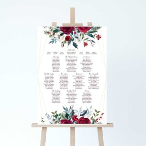 a christmas theme wedding table plan with green and red floral design
