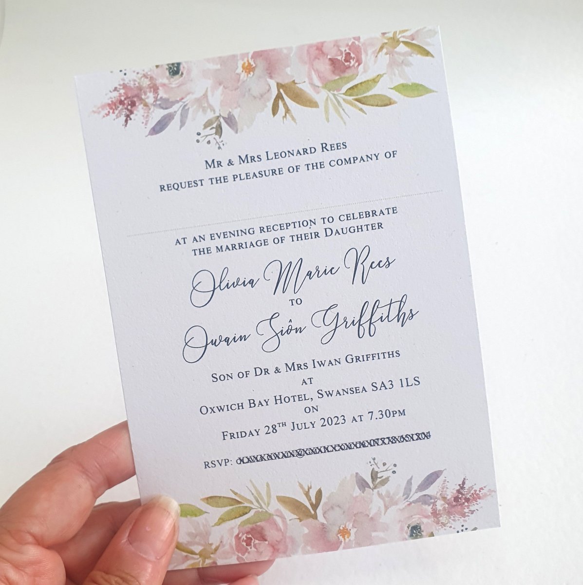 a wedding evening invitation with mauve floral design