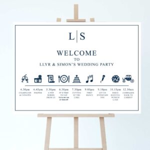 a modern wedding sign with a graphic order of the day timeline