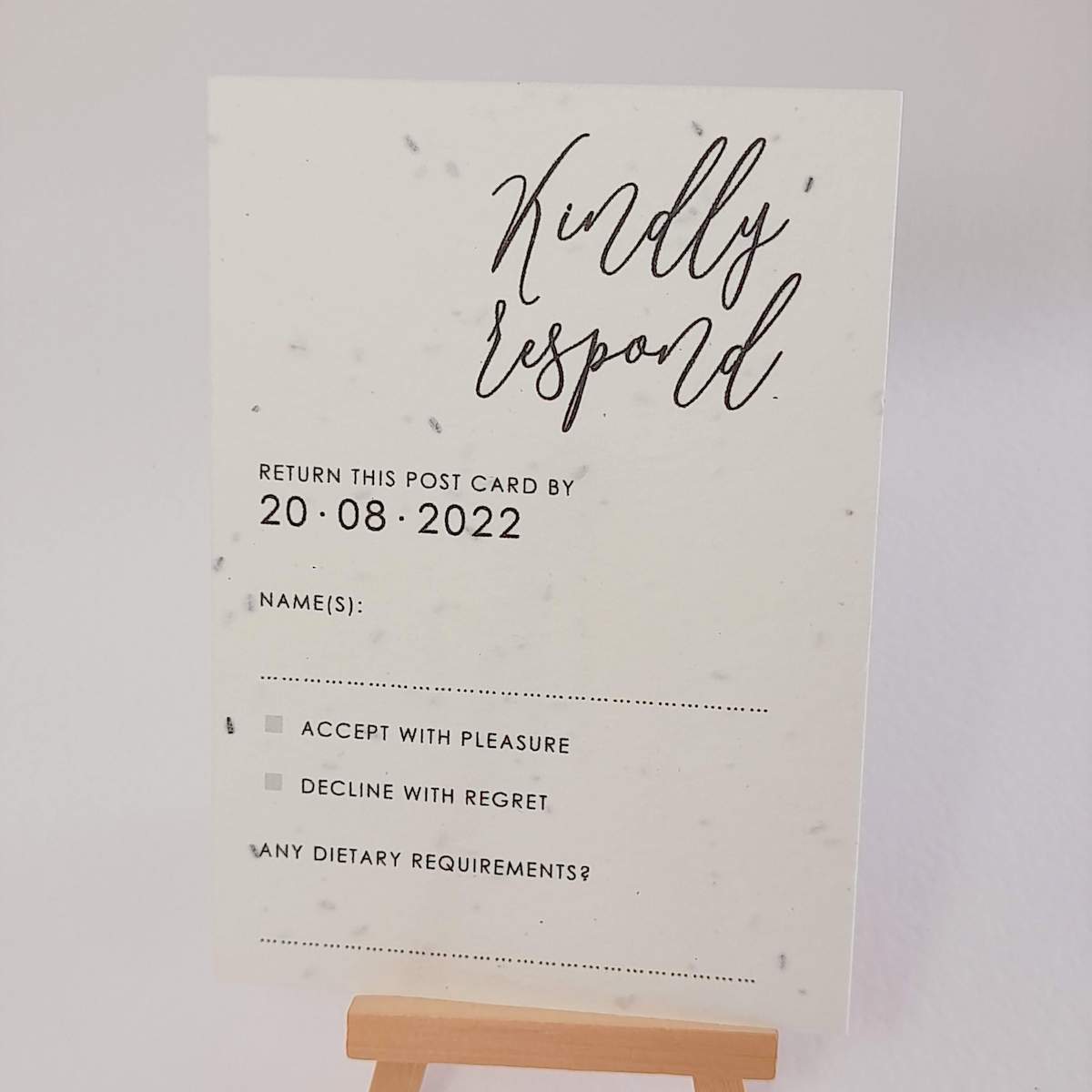 modern calligraphy style wedding rsvp card, printed onto plantable seed paper