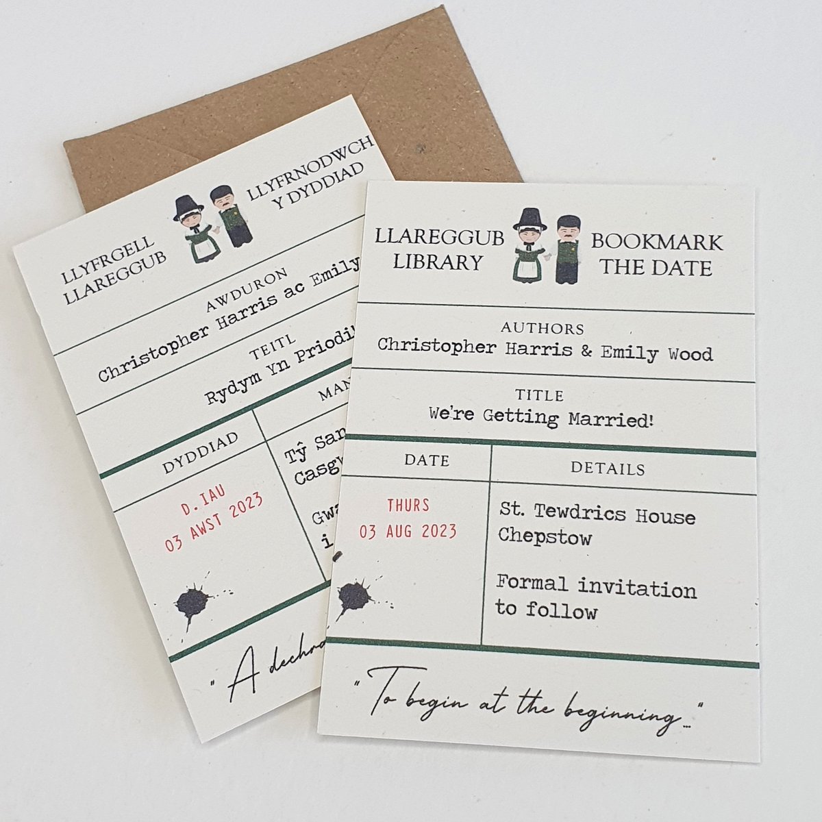 welsh and english wedding save the date cards in the style of vintage library cards