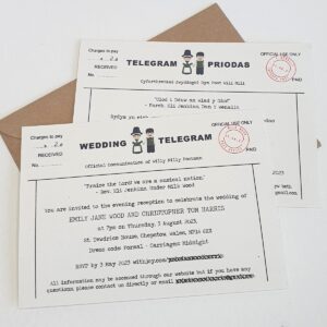 welsh and english evening wedding invitations in the style of a telegram