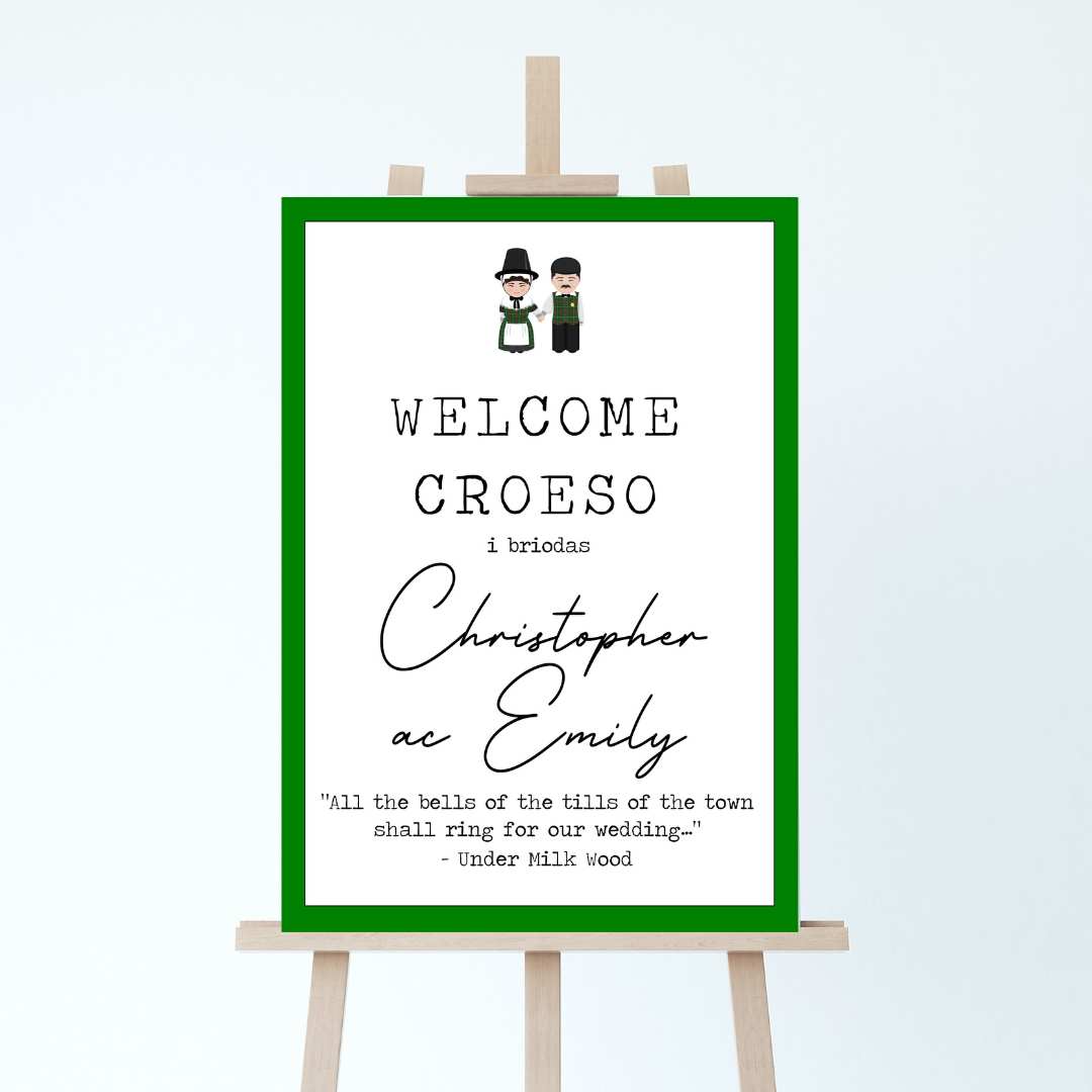 welsh wedding welcome sign with a dylan thomas theme