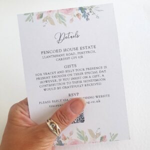 the reverse of a wedding invitation with essential additional details for guests