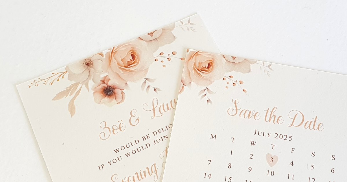 a wedding invitation and matching save the date card with a champagne floral design