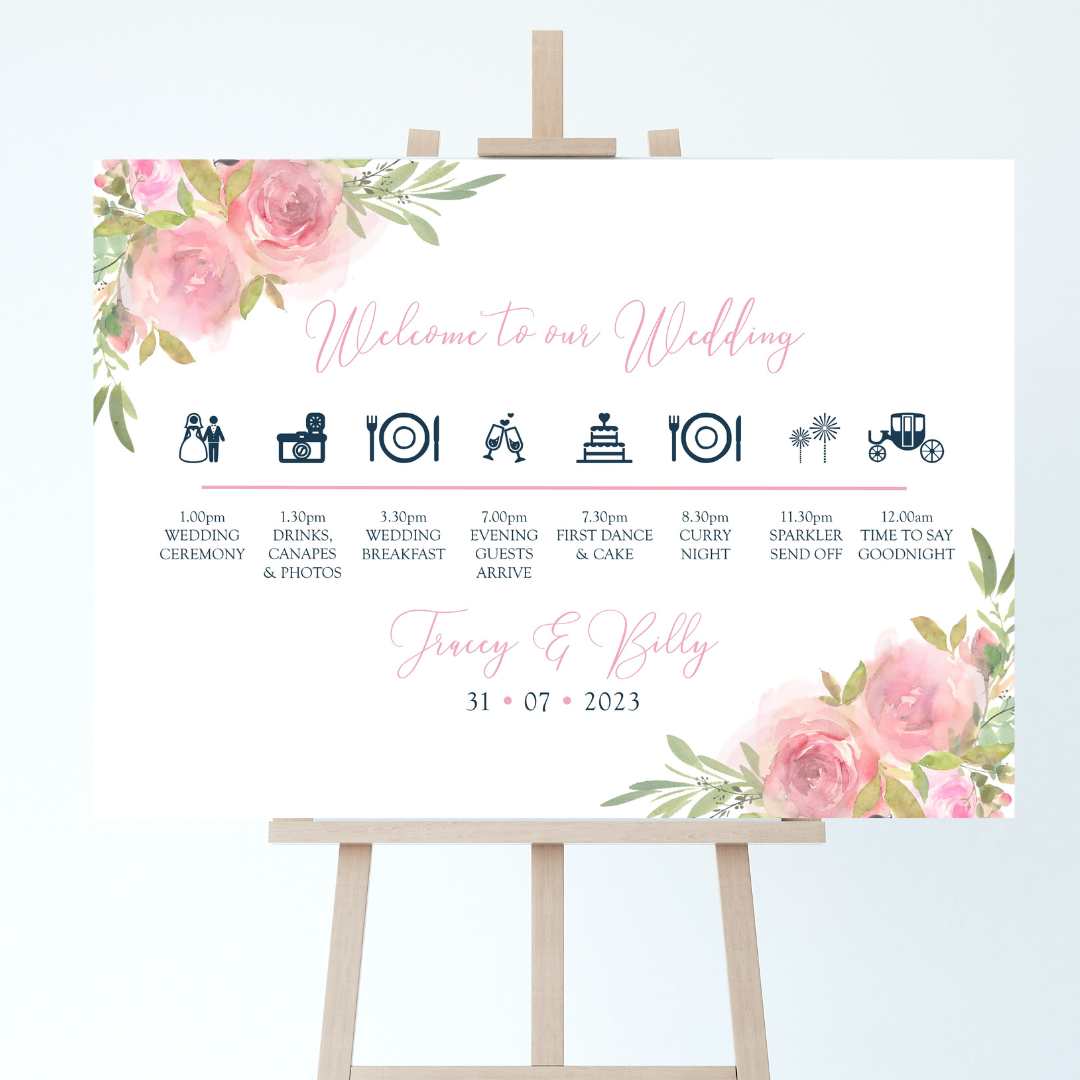 a wedding order of the day timeline sign, it has a pink floral design to the top left and bottom right corners