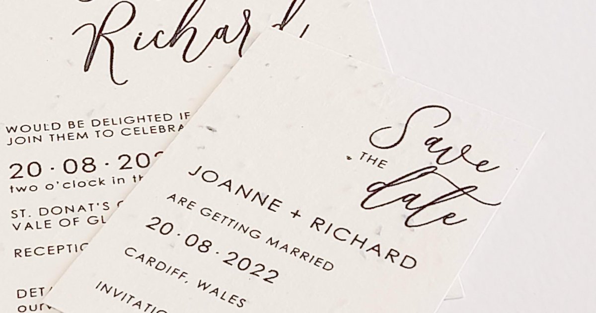 an image of modern calligraphy style wedding invitation and save the date, printed onto plantable seed paper