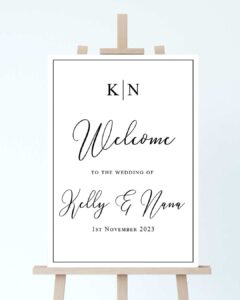 modern monogram minimalist wedding welcome sign black and white