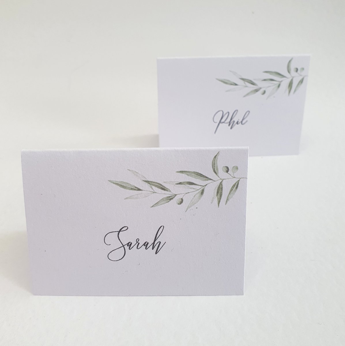 wedding place cards with the guest name printed in a script font and a simple olive branch design